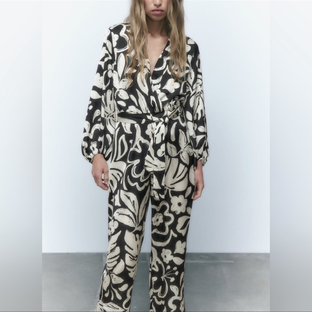 Zara Black and Cream Floral Wrap Jumpsuit - Picture 6 of 14
